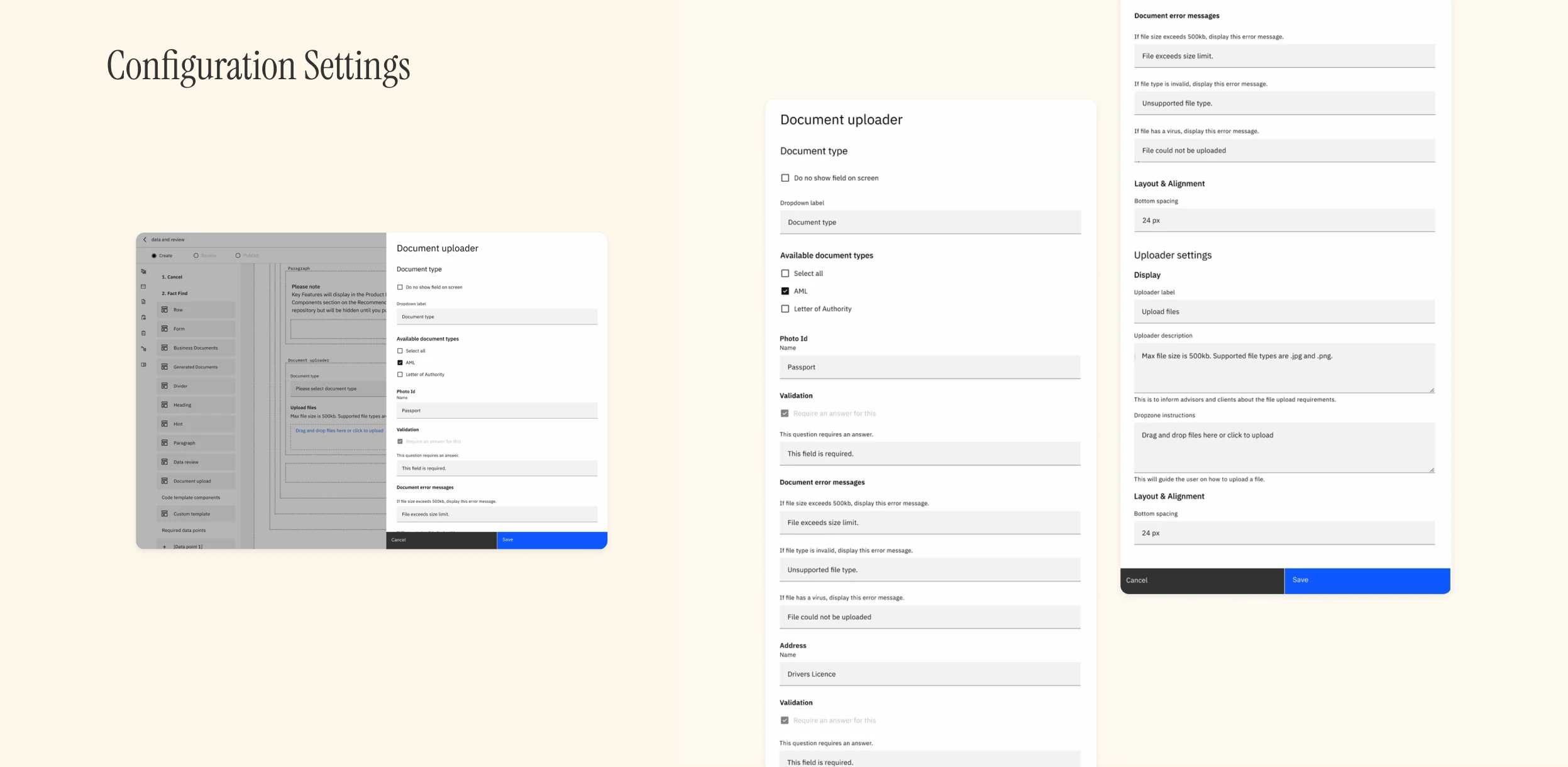 Document Uploader configuration settings: the builder view, document type and available document types, document error messages, and layout and alignment settings