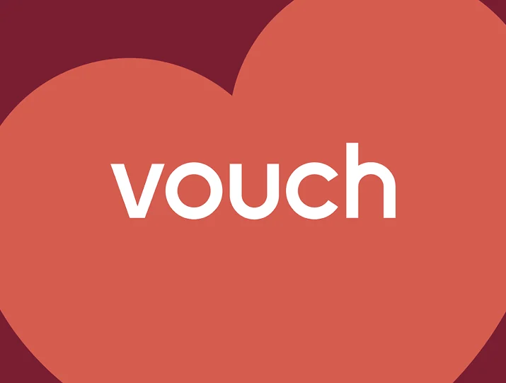 The Vouch brand mark on an abstract coral and maroon graphic