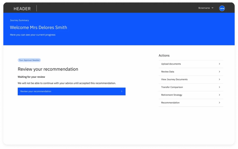 The advisor dashboard showing a recommendation to review for Mrs Delores Smith