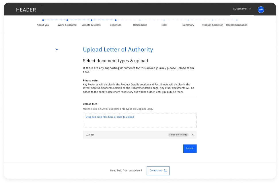 The Upload Letter of Authority screen the client lands on