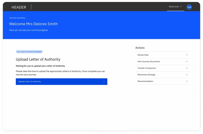 The client dashboard welcoming Mrs Delores Smith, with an action to upload a Letter of Authority