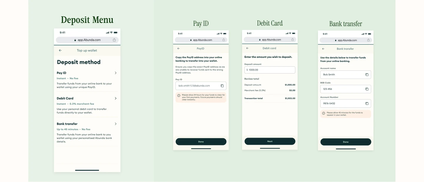 Key mobile screens for the deposit flow: the deposit menu, PayID, debit card and bank transfer screens