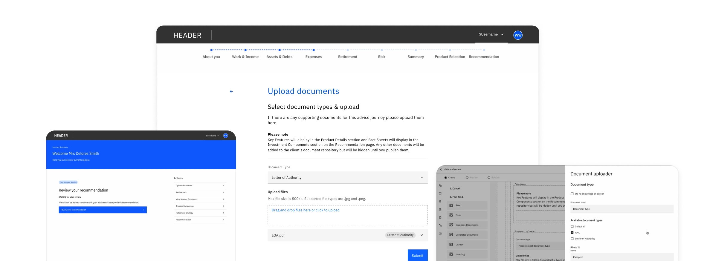 The Ignition document uploader shown across three screens: an Upload documents page, a client dashboard with a recommendation to review, and the configuration panel in the journey builder