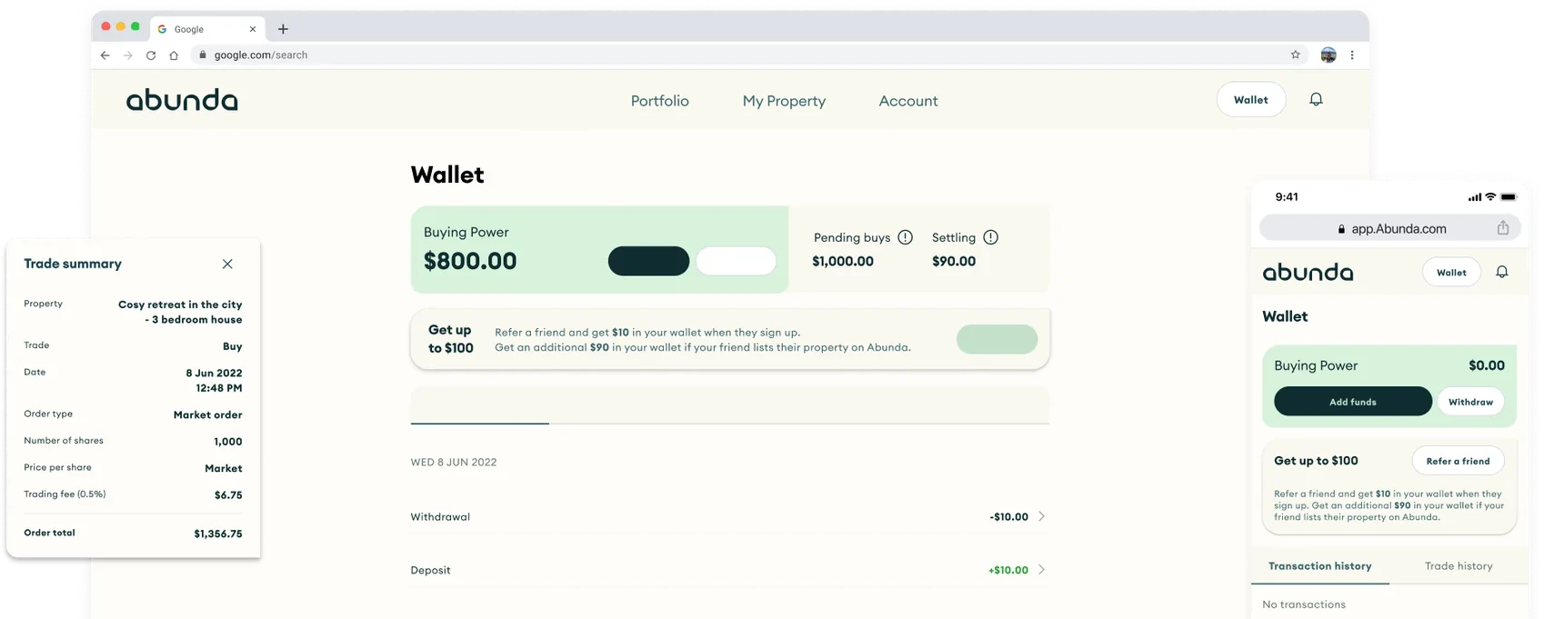 The Abunda wallet on desktop and mobile with a trade summary receipt card