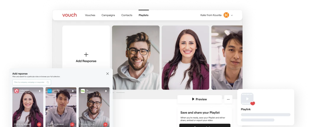 The Vouch Playlists interface: a browser of customer video testimonials with an Add response modal and a shareable Playlink card