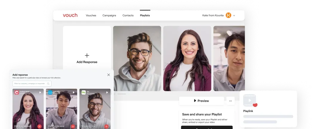 The Vouch Playlists interface: a playlist of customer video testimonials with an Add response modal and a shareable Playlink card.