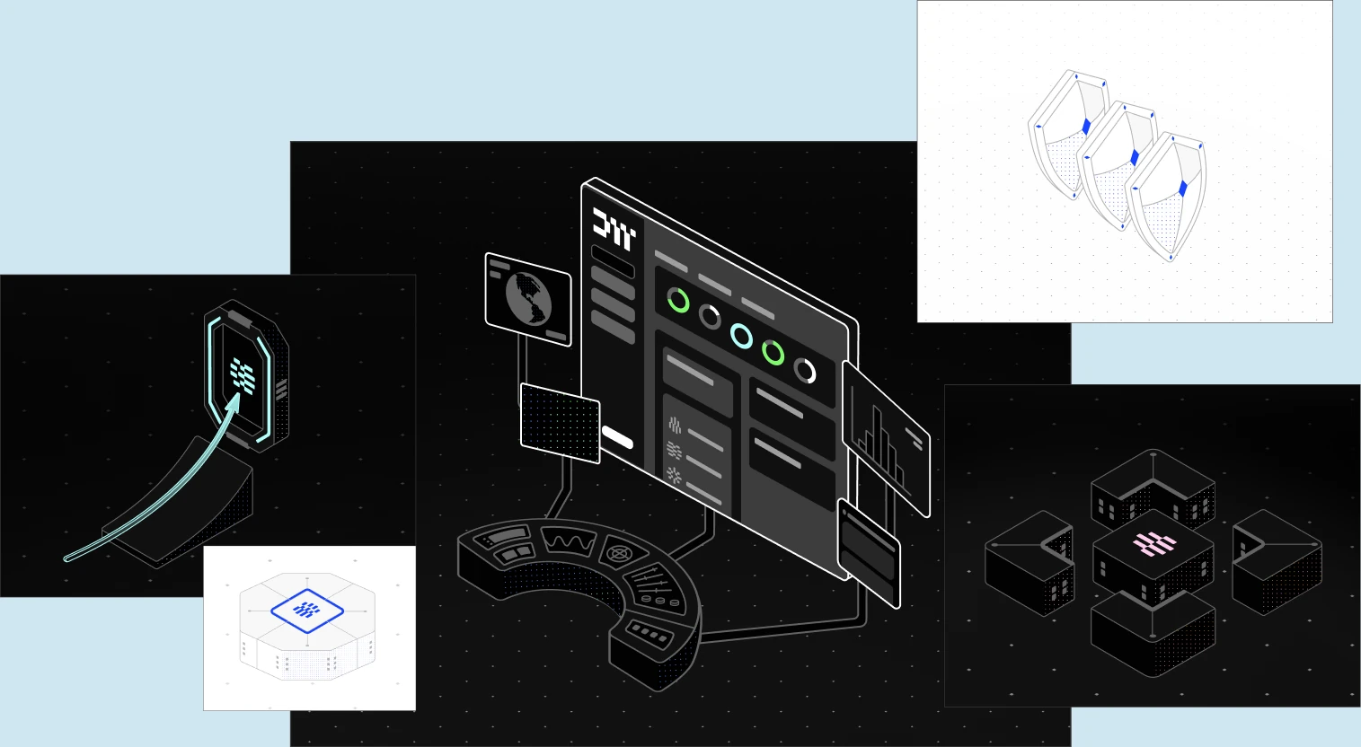A composition of DataWeavers isometric illustrations: a central platform dashboard, layered UI screens and light and dark mode tiles