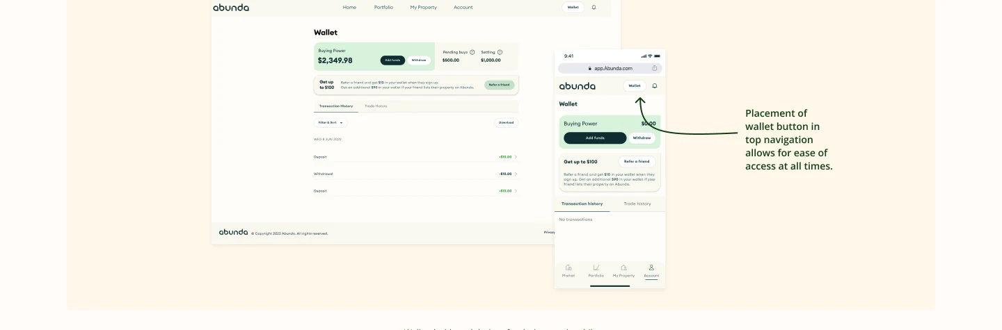 The Abunda wallet dashboard on desktop and mobile, with the wallet button placed in the top navigation