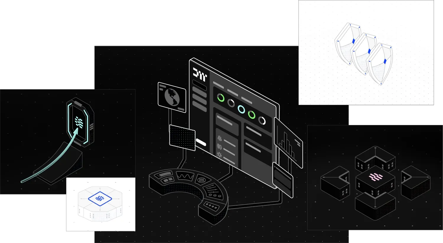 DataWeavers isometric illustration composition on a pale blue field: a platform dashboard with layered UI screens and light and dark mode tiles.
