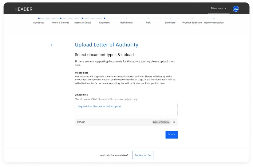 The Ignition document uploader shown across two screens on a pale blue field: an Upload documents page and a client dashboard.