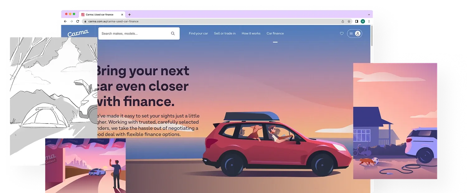 Collage of Carma landing-page mockups: a red car on a warm sunset gradient, surrounded by the marketplace UI panels.