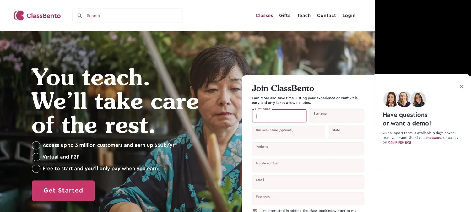 Mockup of ClassBento's redesigned Teach landing page: a dark photographic hero with the white headline 'You teach. We'll take care of the rest.' and a raspberry button, beside a sign-up form panel
