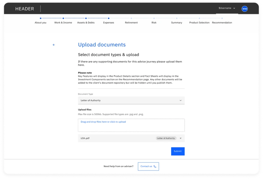 The upload screen configured for multiple documents, with a document-type selector