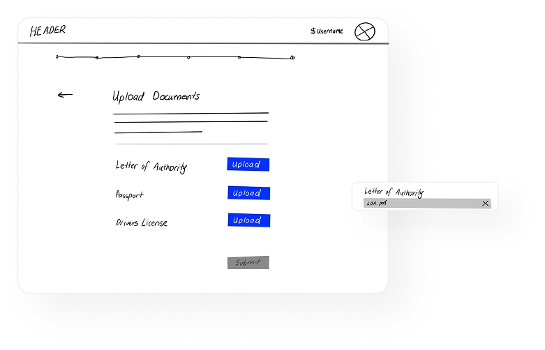 Lo-fi wireframe: dedicated upload sections for each document type