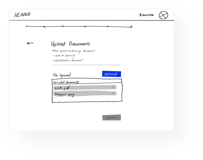 Lo-fi wireframe: an in-line file upload component with a container listing uploaded documents