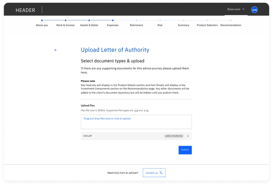 The upload screen configured for a single document: Upload Letter of Authority