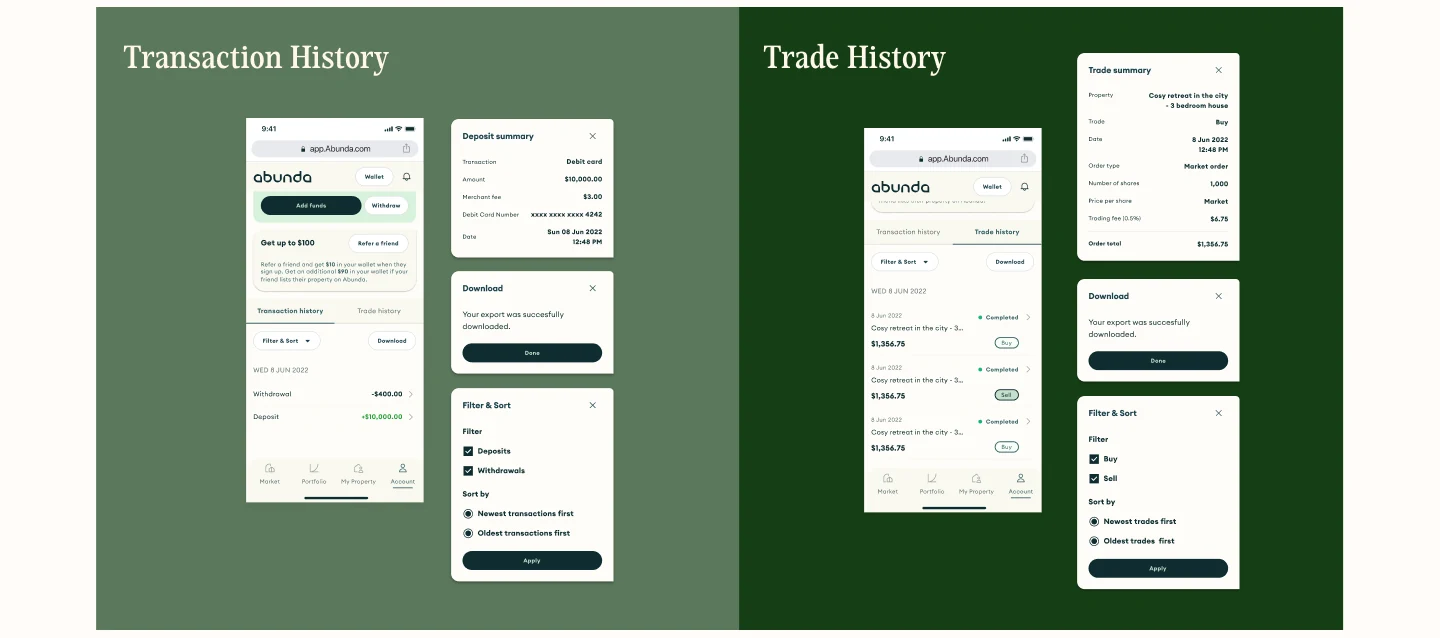 The Transaction History and Trade History tabs within the wallet dashboard, with their filter, sort and download modals
