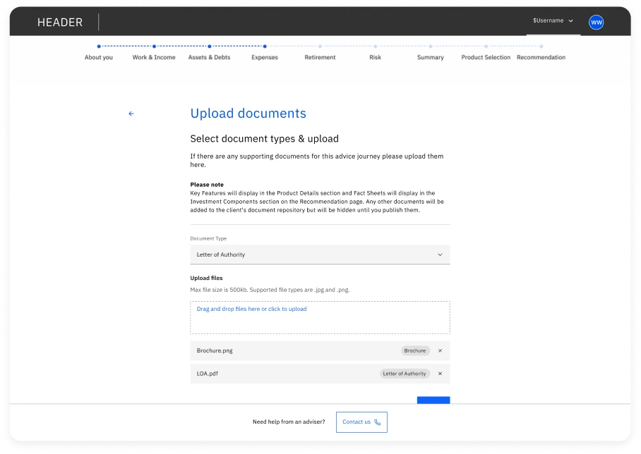 The Upload documents screen inside a client journey, with a document-type dropdown, a drag-and-drop upload area and uploaded-file tiles