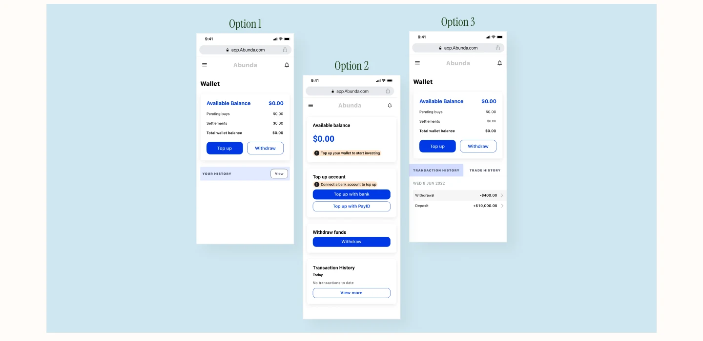 Three low-fidelity wireframe options for the wallet dashboard screen