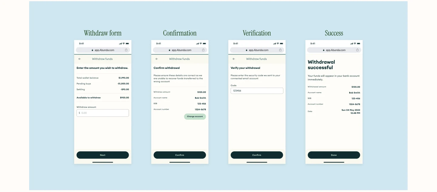 Key mobile screens for the withdrawal flow: withdraw form, confirmation, verification and success